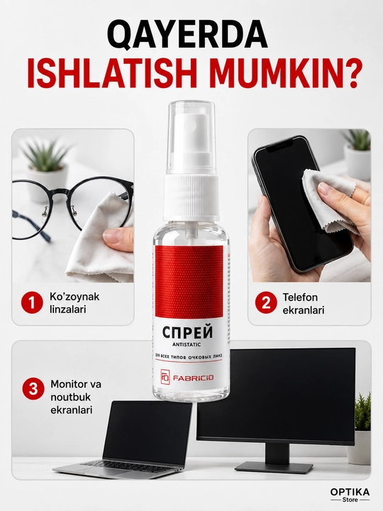 Fabricio ko‘zoynak va ekranlar uchun antistatik tozalovchi sprey, 30 ml