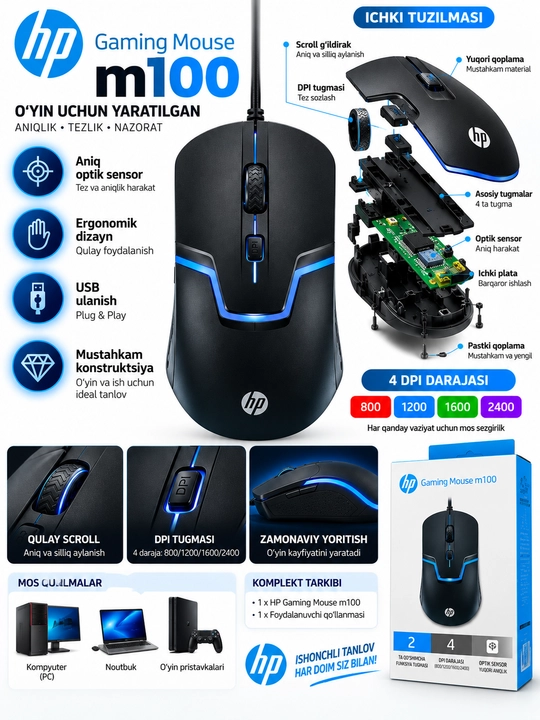 HP M100 Gaming Mouse проводная игровая мышь, USB, оптический сенсор