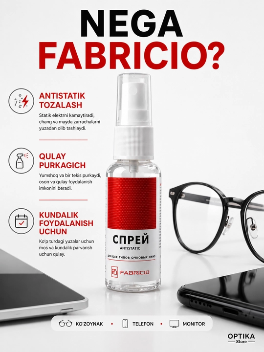 Fabricio ko‘zoynak va ekranlar uchun antistatik tozalovchi sprey, 30 ml