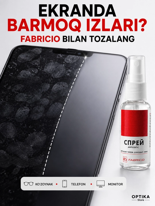 Fabricio ko‘zoynak va ekranlar uchun antistatik tozalovchi sprey, 30 ml