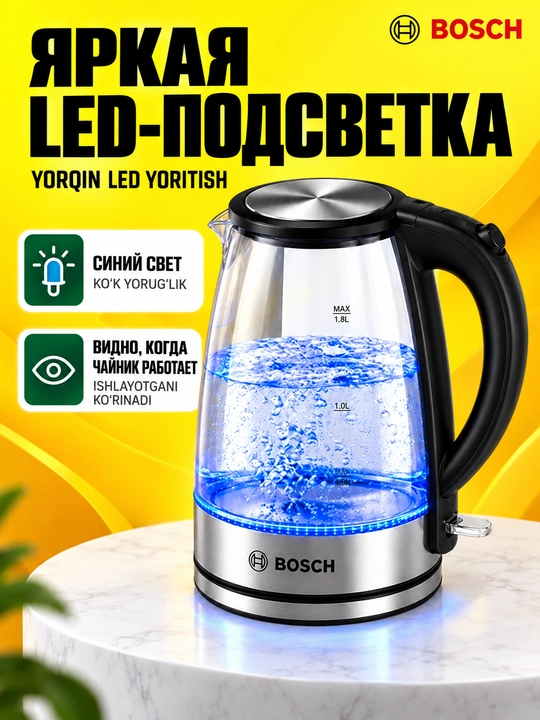 Elektr choynak 1.8l - 2.0l, 1500W - 2200W, zamonaviy dizayn va 360° aylanuvchi baza