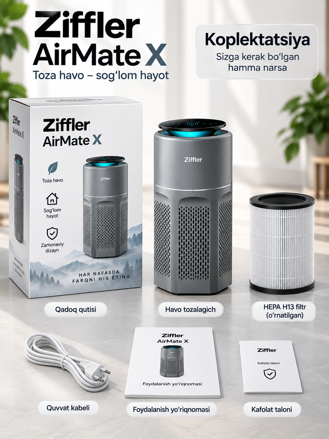 Ziffler AirMate X havo tozalagich, HEPA H13, sensorli boshqaruv, 30–40 m²
