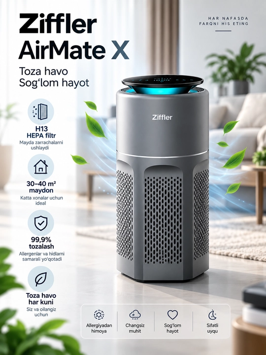 Ziffler AirMate X havo tozalagich, HEPA H13, sensorli boshqaruv, 30–40 m² - 