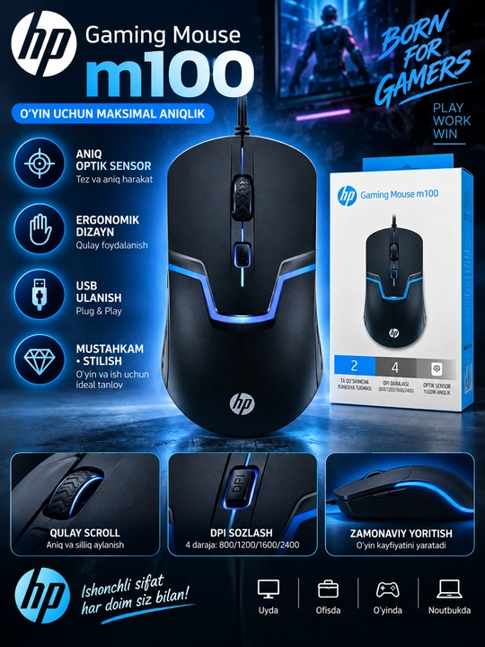HP M100 Gaming Mouse проводная игровая мышь, USB, оптический сенсор - 