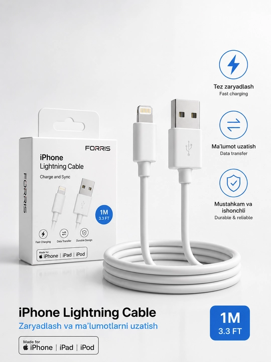 Zaryadlash va ma'lumotlarni uzatish uchun iPhone Lightning kabeli - 