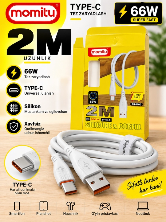 Inomitu ON-141C USB-A dan Type-C kabel, 3 m, 66W tez zaryadlash - 