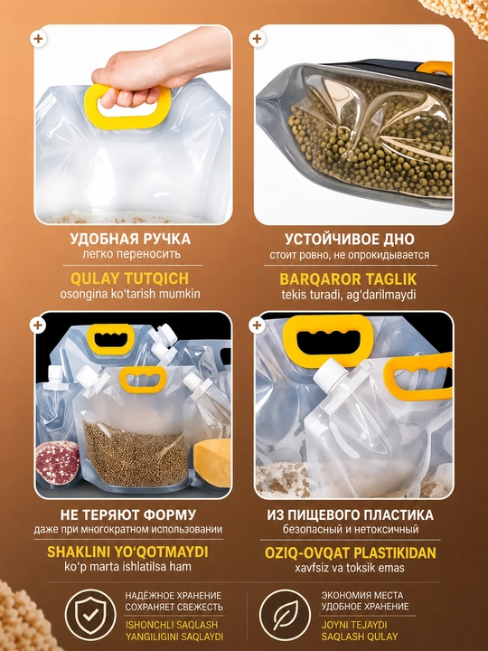 Saqlash va muzlatish uchun ko‘p marta ishlatiladigan germetik doypak paketlari, 5 dona, 0.5, 1, 1.5, 2.5кг