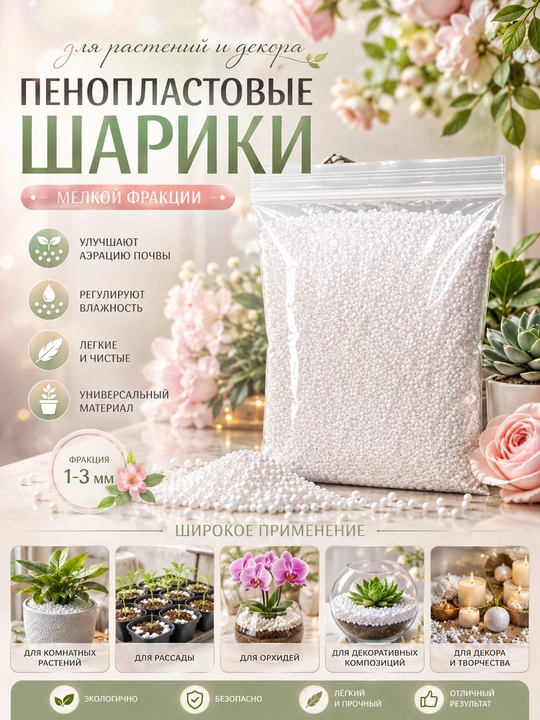 Пенопластовые шарики для растений и декора - 