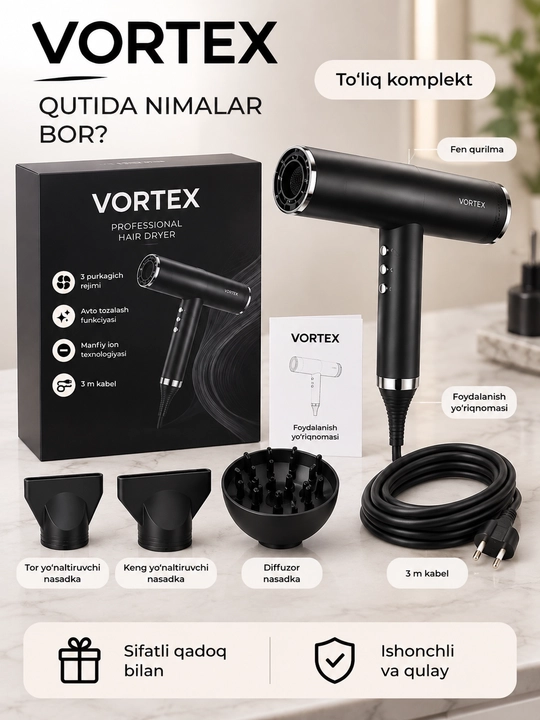 VORTEX professional soch quritgich, ionizatsiya, avto tozalash va nasadkalar bilan