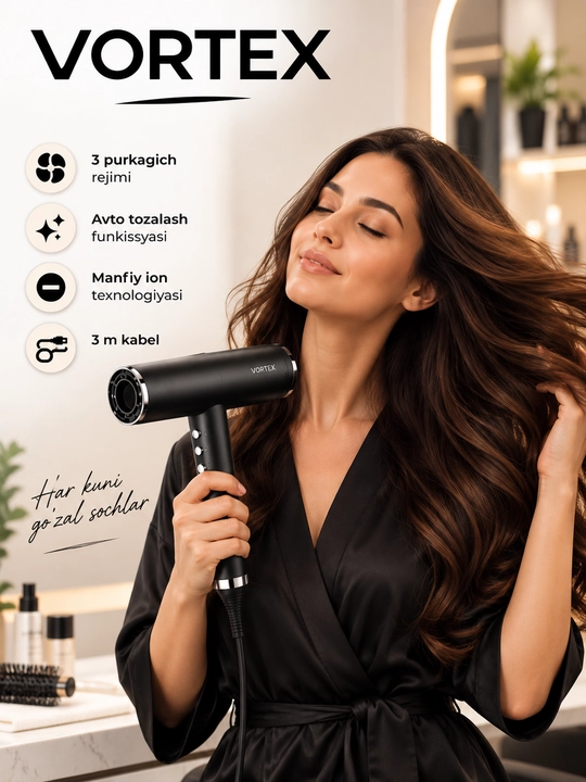 VORTEX professional soch quritgich, ionizatsiya, avto tozalash va nasadkalar bilan - 