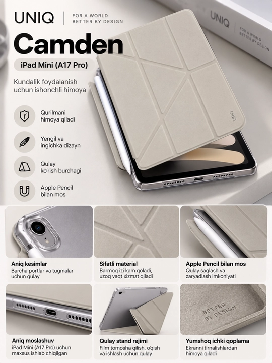 Чехол iPad Mini A17 Pro, UNIQ Camden, чехол для планшета, Apple Pencil