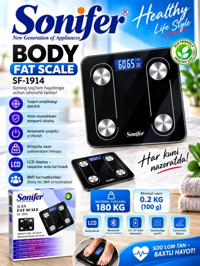 Elektron tarozi, uy uchun, polga, shaffof, shisha, to'rtburchak, 180 kg gacha, 26 x 26 sm - 