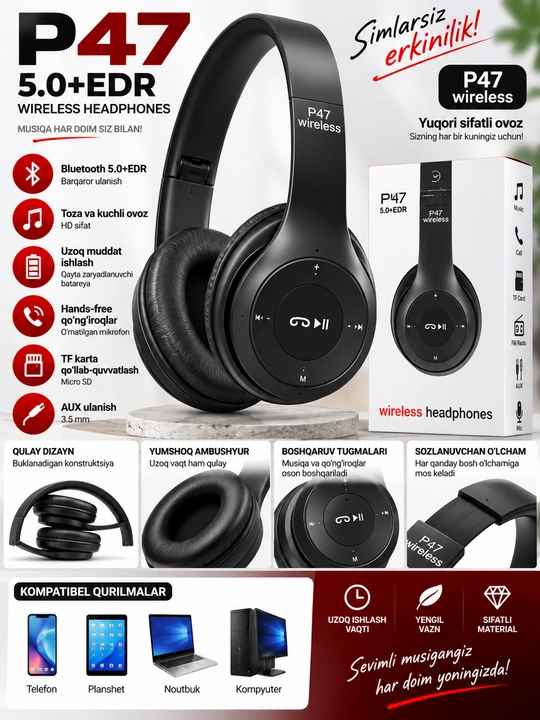 P47 Wireless simsiz quloqchin, Bluetooth 5.0+EDR, TF karta va AUX
