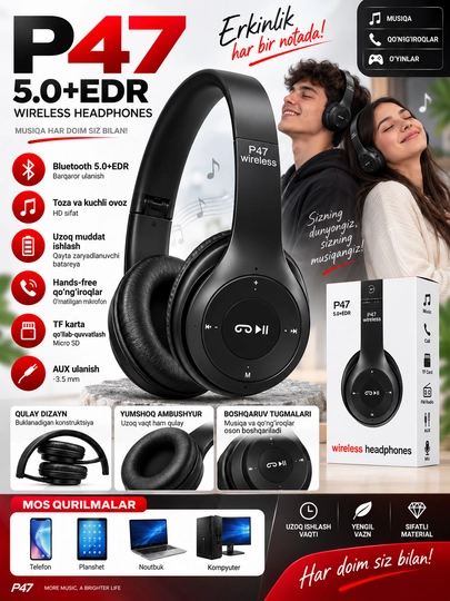 P47 Wireless simsiz quloqchin, Bluetooth 5.0+EDR, TF karta va AUX - 