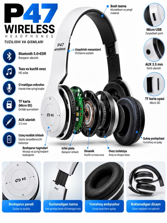P47 Wireless simsiz quloqchin, Bluetooth 5.0+EDR, TF karta va AUX
