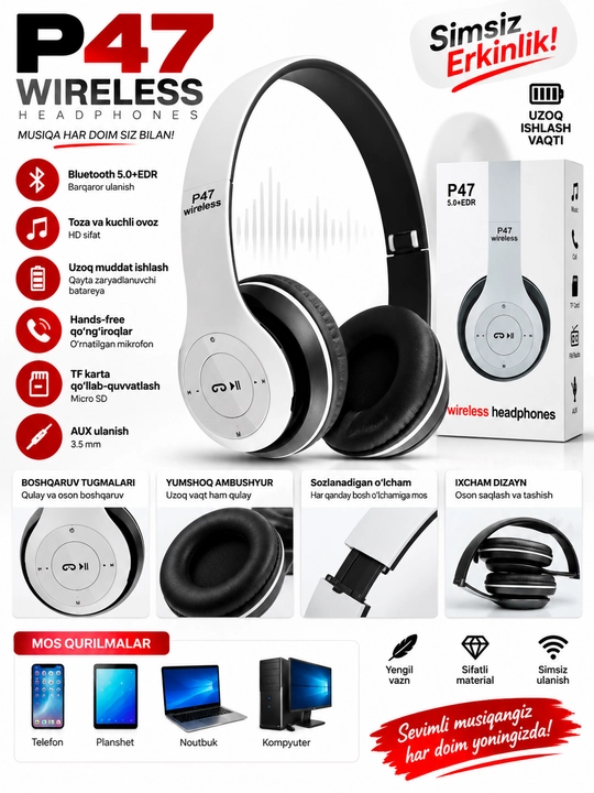 P47 Wireless simsiz quloqchin, Bluetooth 5.0+EDR, TF karta va AUX - 