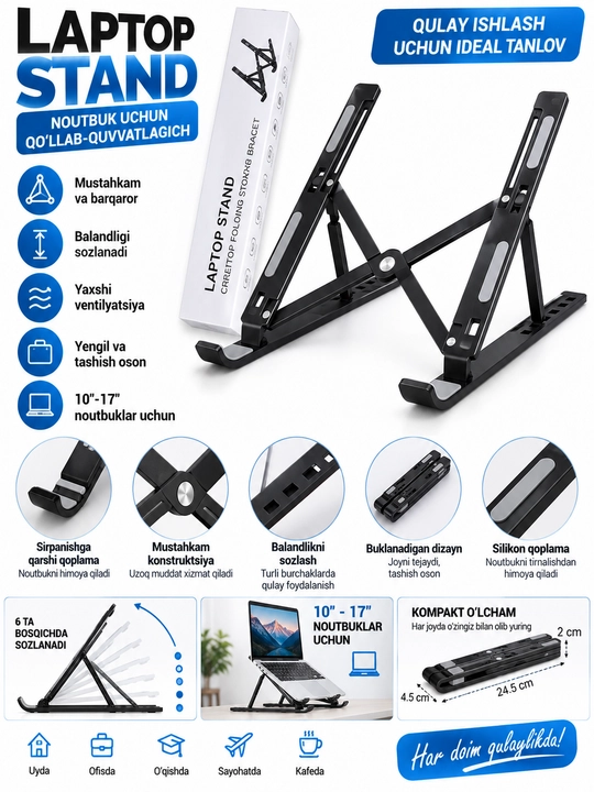 Buklanadigan Laptop Stand noutbuk tagligi, sozlanadigan, 10–17 dyuym