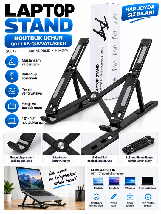 Buklanadigan Laptop Stand noutbuk tagligi, sozlanadigan, 10–17 dyuym - 