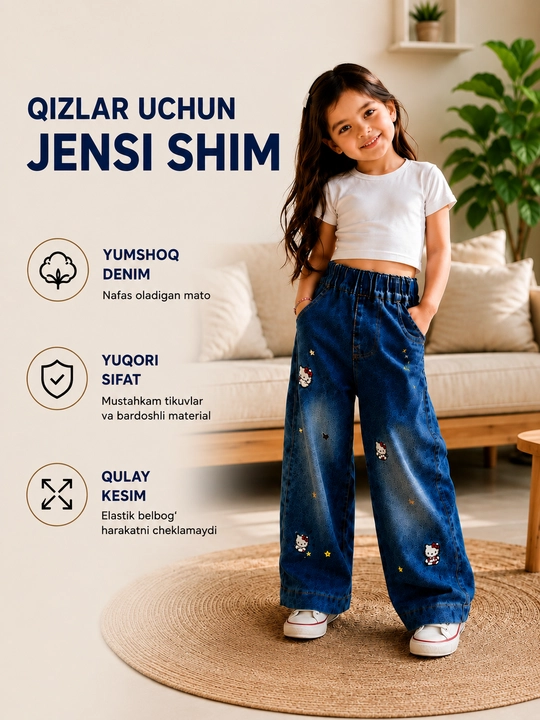 Qizlar uchun jinsi shimlar — keng bichimli, oversayz, 1 yoshdan 9 yoshgacha - 