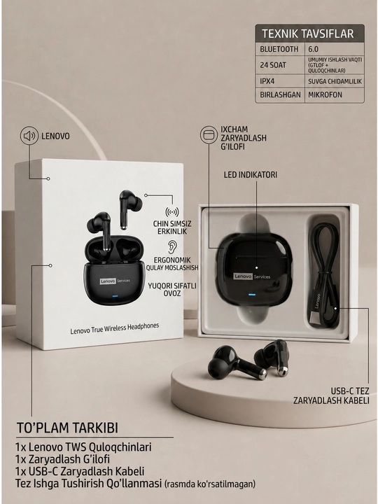 Lenovo LE257 Hi-Fi, ENS+ Simsiz quloqchin, sensorli, bluetooth 6.0, naushnik, stereo