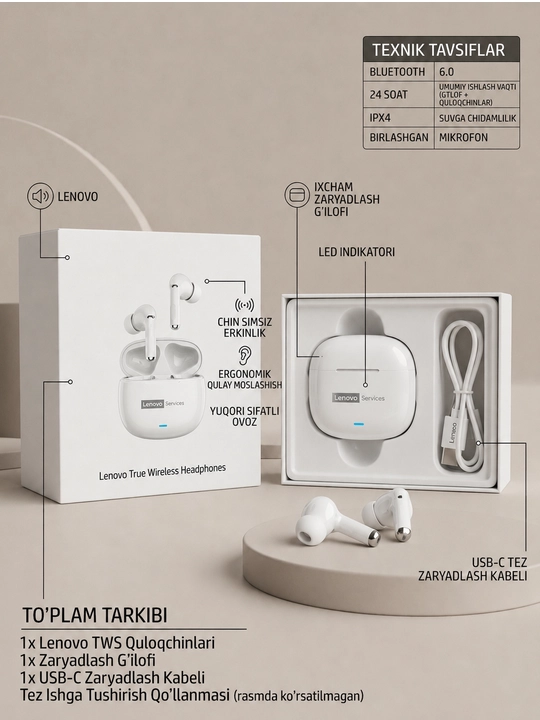 Lenovo LE257 Hi-Fi, ENS+ Simsiz quloqchin, sensorli, bluetooth 6.0, naushnik, stereo
