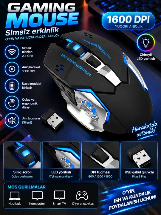 Simsiz Gaming Mouse, 1600 DPI, 2.4 GHz, USB qabul qilgichli o‘yin sichqonchasi - 