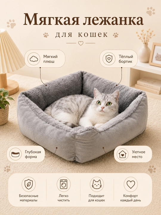Мягкая лежанка для кошек с бортиком и игрушками, диаметр 50 см - 