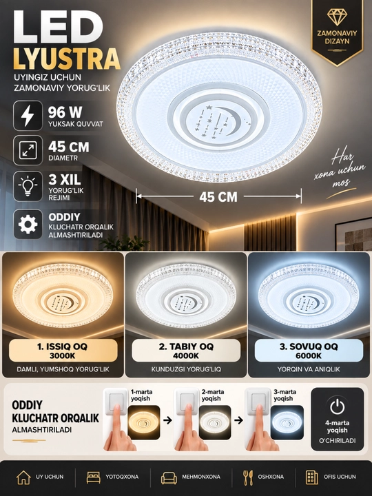LED Lyustra Qandil Plafon Chiroq Lampo Lampochka 3 Rejimli Xona Shift Yoritish 96w - 
