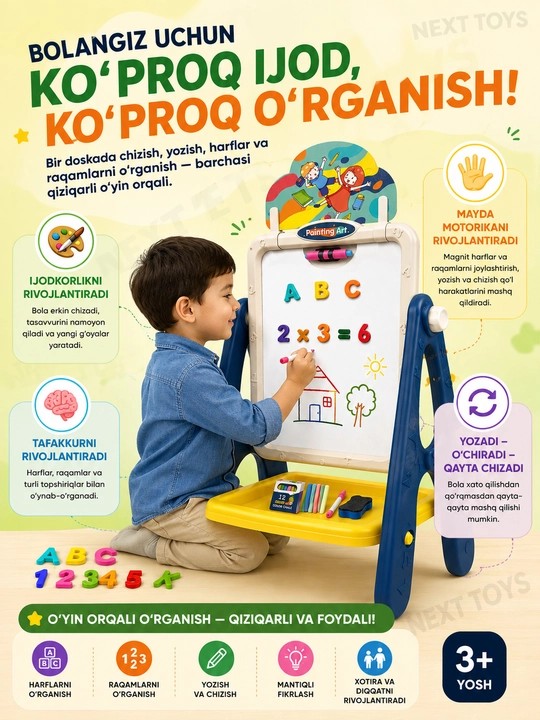 Bolalar uchun 2 tomonlama rivojlantiruvchi yog'och doska abakus va soat bilan 3+