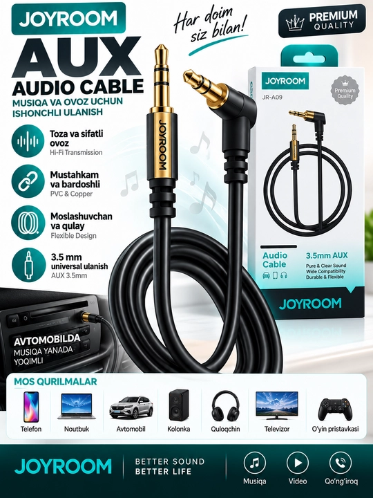 JOYROOM JR-A09 AUX kabel 3.5 mm, 1 m, audio kabel - 