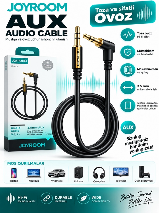 JOYROOM JR-A09 AUX кабель 3.5 мм, 1 м, аудиокабель