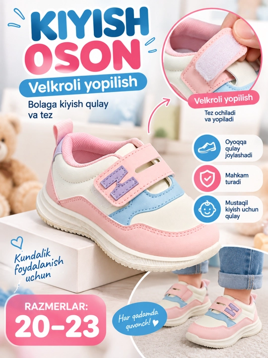 Qiz bolalar uchun krossovka, velkroli, Malomerka razmer 20–23
