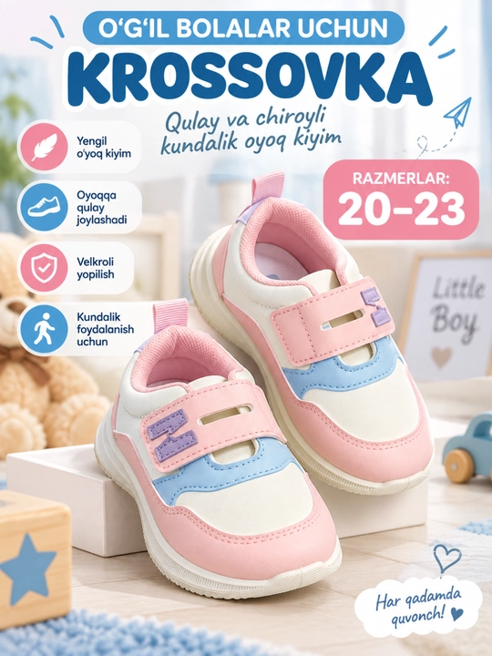 Qiz bolalar uchun krossovka, velkroli, Malomerka razmer 20–23