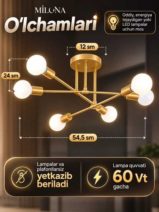 Lyustra shift, loft uslubida, 6, 8 lampochka, osma lyuistra, oshxona va zalga qandillar
