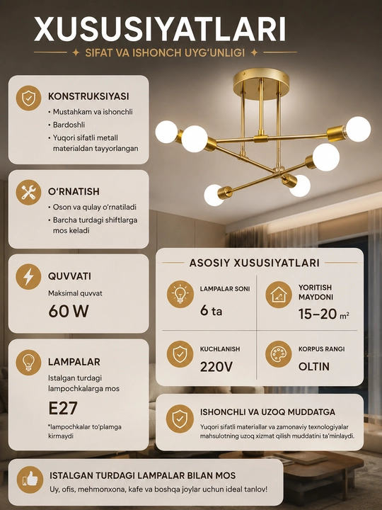 Lyustra shift, loft uslubida, 6, 8 lampochka, osma lyuistra, oshxona va zalga qandillar