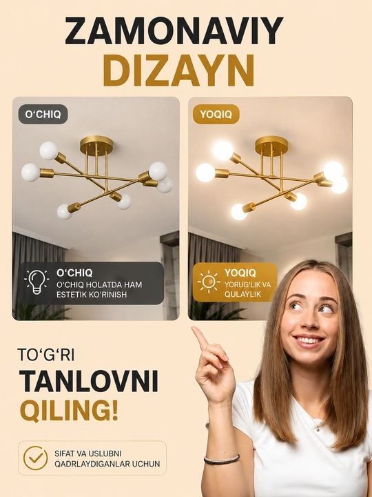 Lyustra shift, loft uslubida, 6, 8 lampochka, osma lyuistra, oshxona va zalga qandillar