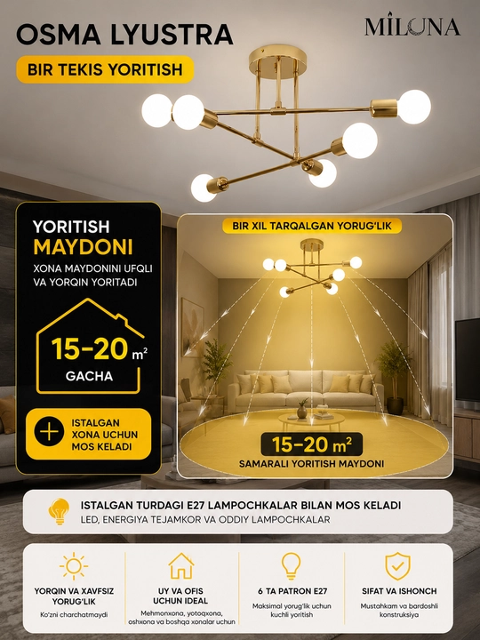 Lyustra shift, loft uslubida, 6, 8 lampochka, osma lyuistra, oshxona va zalga qandillar