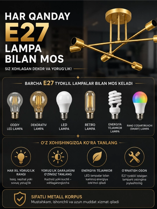 Lyustra shift, loft uslubida, 6, 8 lampochka, osma lyuistra, oshxona va zalga qandillar