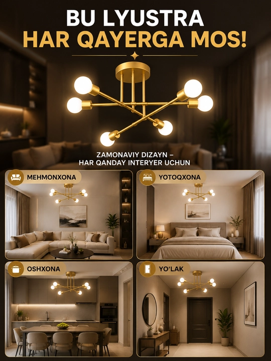 Lyustra shift, loft uslubida, 6, 8 lampochka, osma lyuistra, oshxona va zalga qandillar