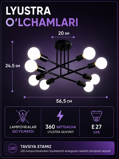 Lyustra shift, loft uslubida, 6, 8 lampochka, osma lyuistra, oshxona va zalga qandillar