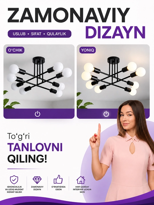 Lyustra shift, loft uslubida, 6, 8 lampochka, osma lyuistra, oshxona va zalga qandillar