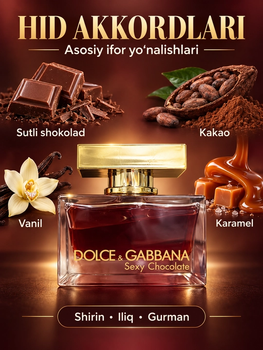 Dolce & Gabbana Sexy Chocolate ayollar parfyumlangan suv — shokolad, kakao, vanil va karamel ifori