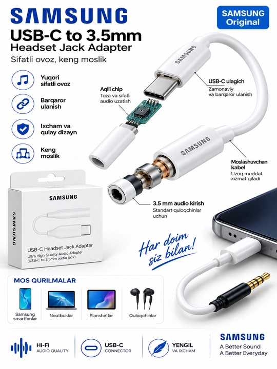 USB-C dan 3.5 mm AUX ga audio adapter, quloqchin uchun