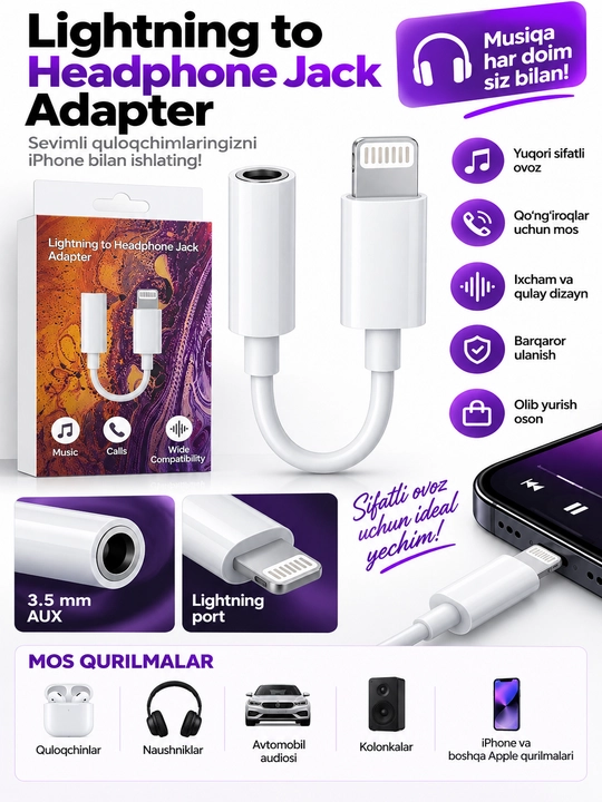 USB-C dan 3.5 mm AUX ga audio adapter, quloqchin uchun - 
