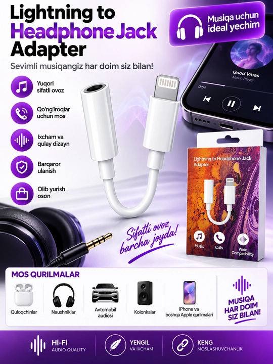 USB-C dan 3.5 mm AUX ga audio adapter, quloqchin uchun