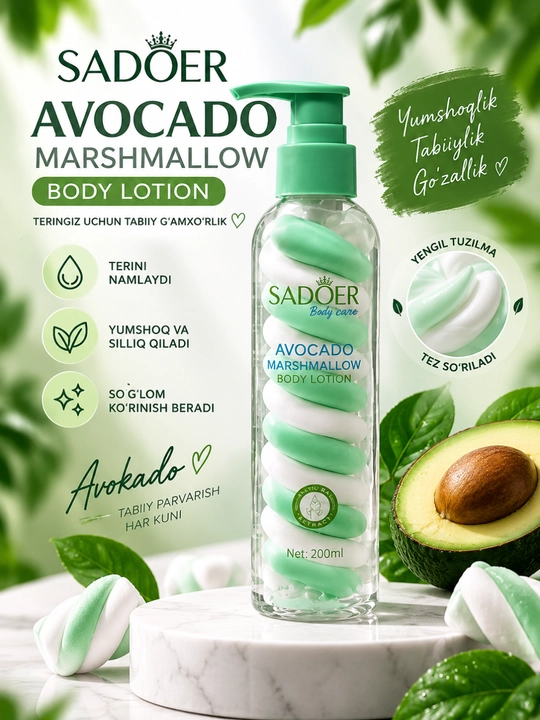 SADOER Avocado Marshmallow Body Lotion, tana uchun namlantiruvchi loson - 