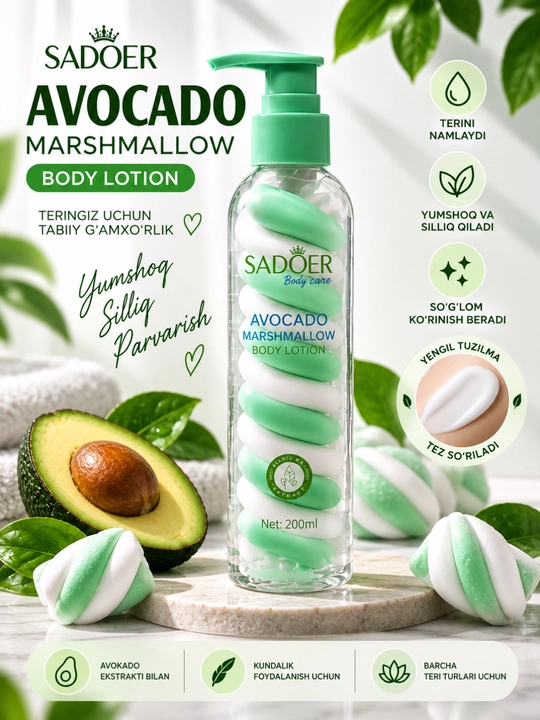 SADOER Avocado Marshmallow Body Lotion, tana uchun namlantiruvchi loson