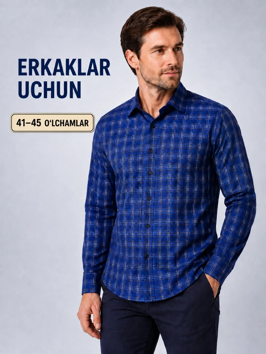 Erkaklar ko‘k ko‘ylagi, katak-katak, uzun yengli, tugmali, o‘lchamlari 41-45