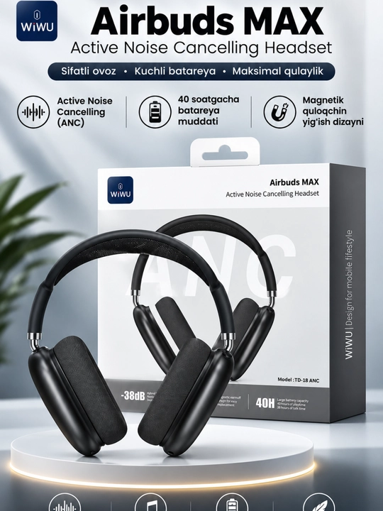 WiWU Airbuds MAX TD-18 ANC—Simsiz Bluetooth 6.0 quloqchin Hybrid ANC−38 dB, 40 mm, 40 soat - 