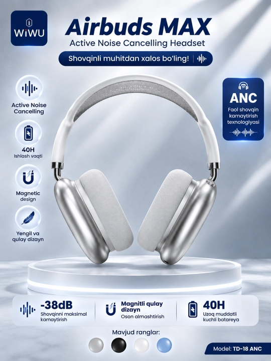 WiWU Airbuds MAX TD-18 ANC—Simsiz Bluetooth 6.0 quloqchin Hybrid ANC−38 dB, 40 mm, 40 soat - 